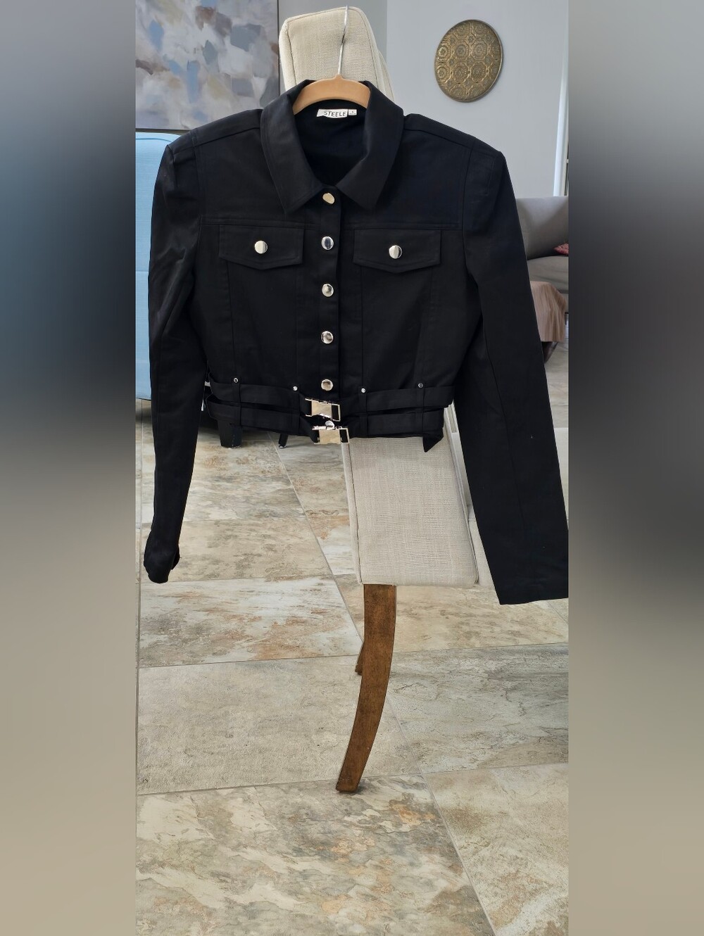 Cropped Black Belted Button-Front Jean Jacket